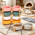 Ceramic Double Pet Bowl with Wood Stand