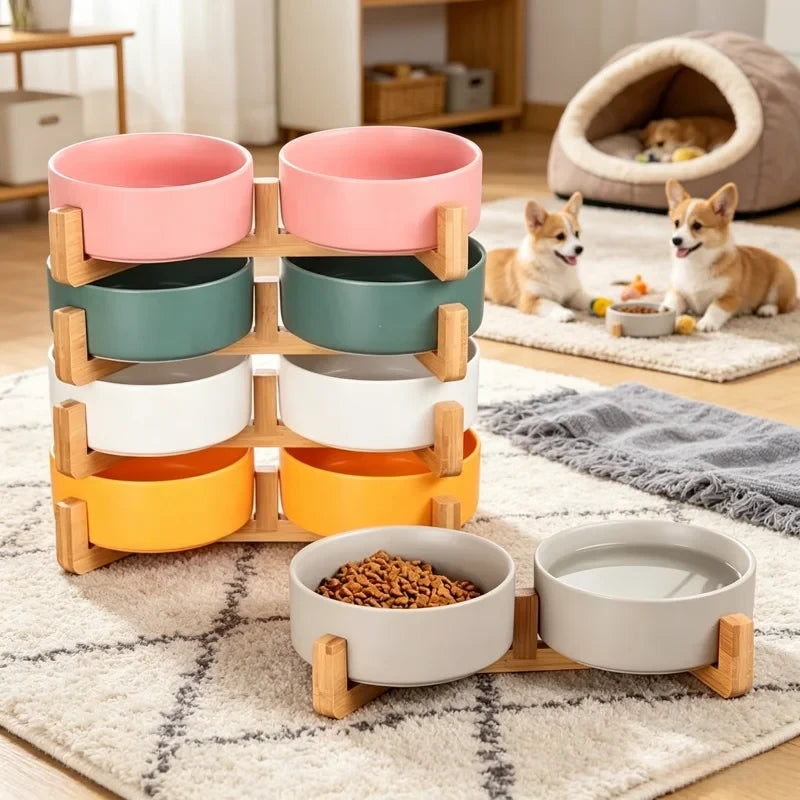 Ceramic Double Pet Bowl with Wood Stand