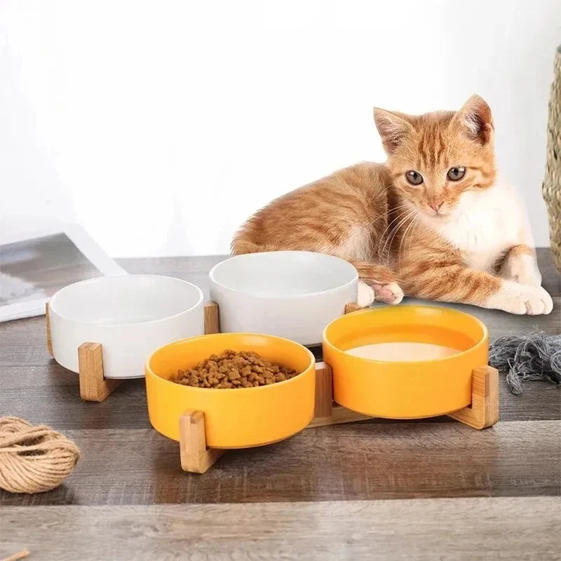 Ceramic Double Pet Bowl with Wood Stand