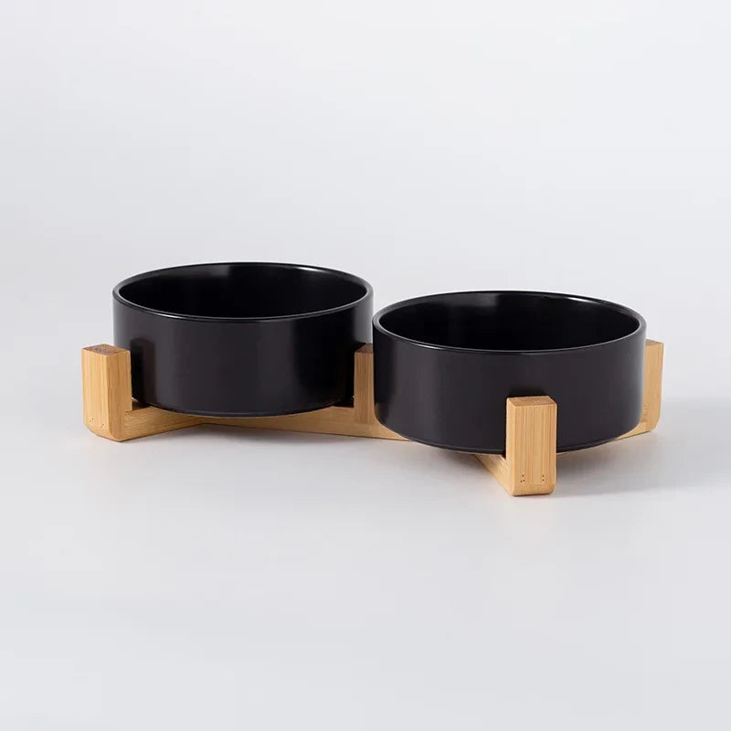 Ceramic Double Pet Bowl with Wood Stand