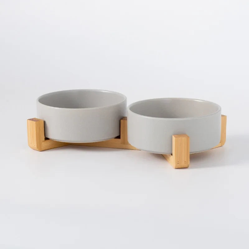 Ceramic Double Pet Bowl with Wood Stand