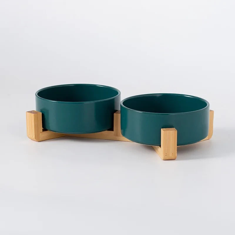 Ceramic Double Pet Bowl with Wood Stand