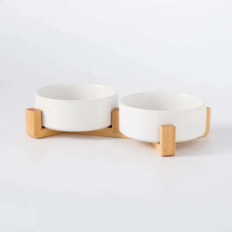 Ceramic Double Pet Bowl with Wood Stand