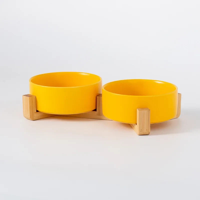 Ceramic Double Pet Bowl with Wood Stand