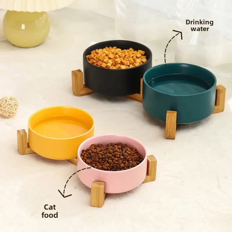 Ceramic Double Pet Bowl with Wood Stand