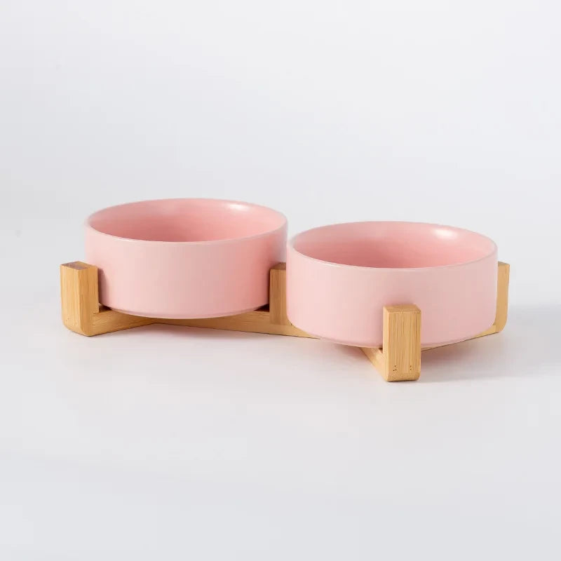 Ceramic Double Pet Bowl with Wood Stand