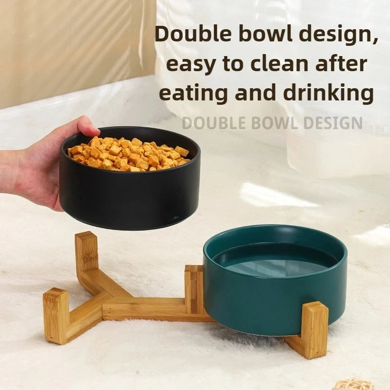 Ceramic Double Pet Bowl with Wood Stand