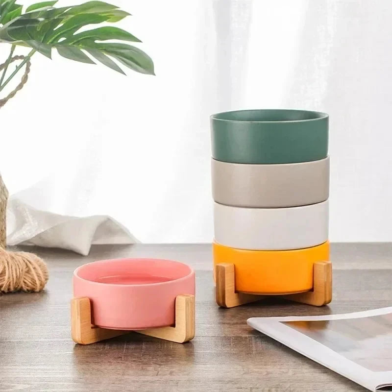 Ceramic Double Pet Bowl with Wood Stand